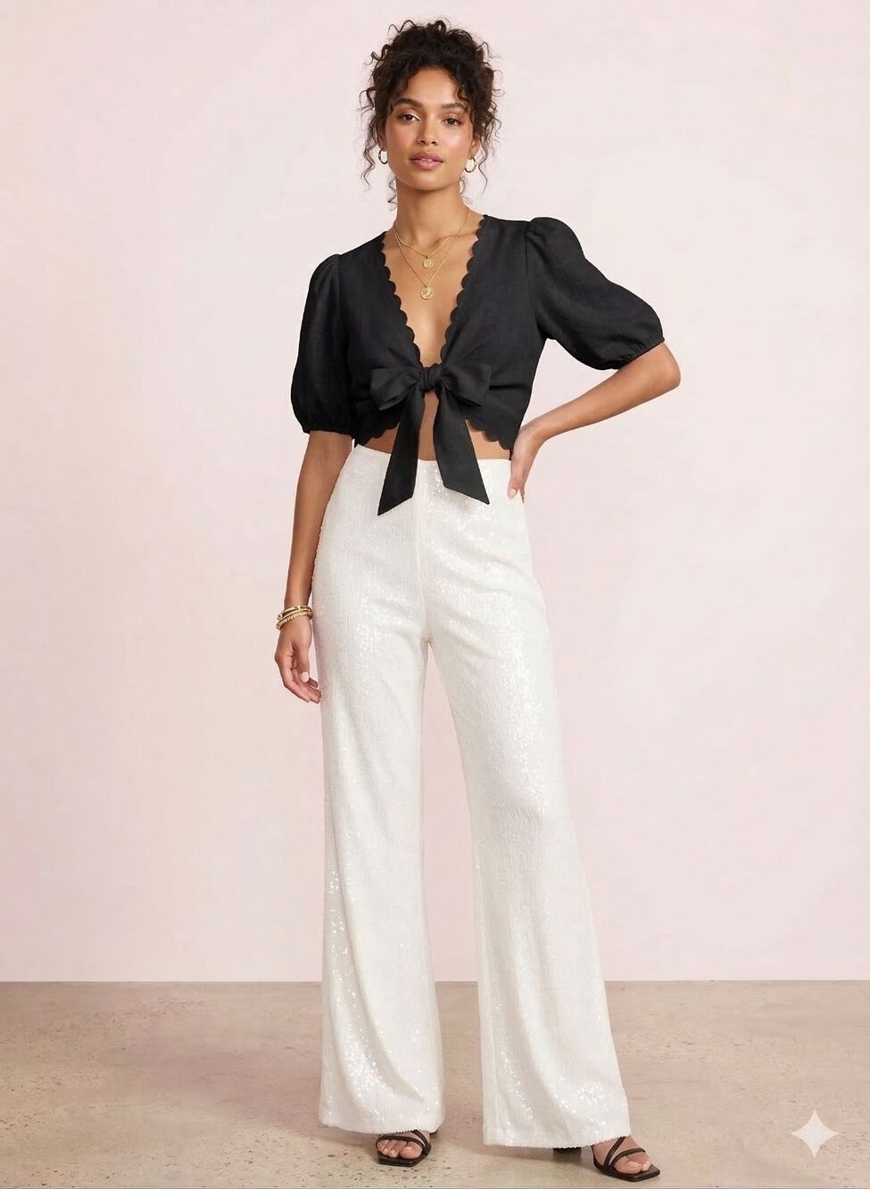 Black Halo Eve Size 8 White Sequin High Waisted Pants Formal Evening Bridal